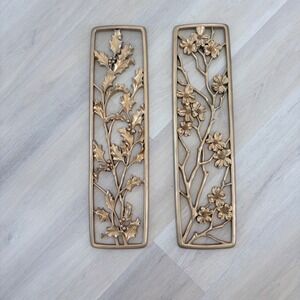 Vintage seasons Syroco Gold Wall Plaques Set of 2 Dogwood Holly Floral MCM 20x6